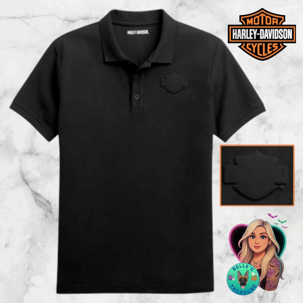 Harley-Davidson Men XL Black Knit Polo Shirt Embossed Logo Office Golf Night Out
